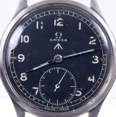 Lot 577 - Omega British military W.W.W. wristwatch, the circular black dial with military broad arrow, white enamel Arabic numerals and minute track with luminous hour markers, white hands and subsidiary sec...