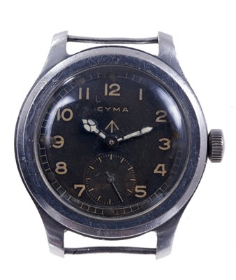 Lot 578 - Cyma British military W.W.W. wristwatch, the circular black dial with military broad arrow, white Arabic numerals and minute track with luminous hour markers, white hands and subsidiary seconds dia...