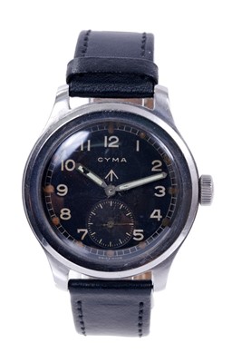 Lot 579 - Cyma British military W.W.W. wristwatch, the circular black dial with military broad arrow, Arabic numerals and minute track with luminous hour markers, white hands and subsidiary seconds dial in c...