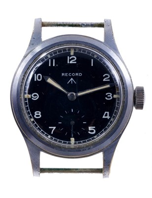 Lot 580 - Record British military W.W.W. wristwatch, the circular black dial with military broad arrow, white Arabic numerals and minute track with luminous hour markers, luminous steel hands and subsidiary...