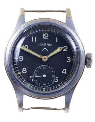 Lot 581 - Lemania British military W.W.W. wristwatch, the circular black dial with military broad arrow, white Arabic numerals and minute track with luminous hour markers, luminous steel hands and subsidiary...