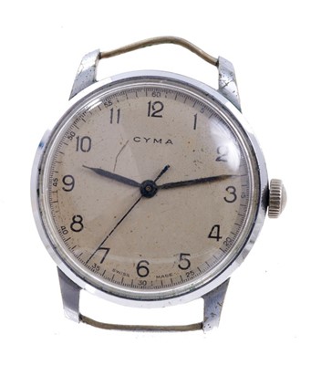 Lot 585 - Cyma Air Minisrty 6B pilot's wristwatch, the circular white dial with Arabic numerals, centre seconds, outer minute/seconds track and steel hands in base metal case, the back with military issue ma...