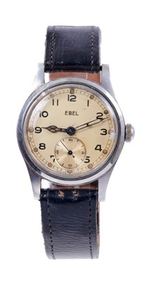 Lot 586 - Ebel British military issue A.T.P. wristwatch with white dial, Arabic numerals, luminous dot hour markers and luminous steel hands, subsidiary seconds dial in circular stainless steel case with mil...