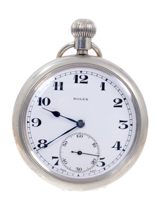 Lot 587 - British military Rolex pocket watch, the circular white enamel dial with black enamel Arabic numerals, outer minutes track, subsidiary seconds dial and blued steel hands in nickel case with militar...