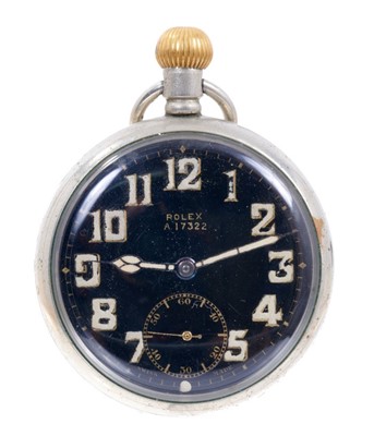 Lot 588 - British military Rolex pocket watch with circular black enamel dial signed Rolex A.17322, luminous Arabic numerals and luminous hands, outer minutes track, subsidiary seconds dial at the six o'cloc...