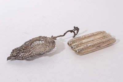 Lot 377 - American sterling silver three division cigar case with engraved decoration 12.6cm and Ornate Dutch sifter spoon with floral and bird decoration ( import marks for London 1894) 21cm