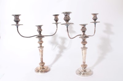 Lot 378 - Pair 19th century silver plated three branch candelabra of tapered circular form with fluted borders 42.5 cm high