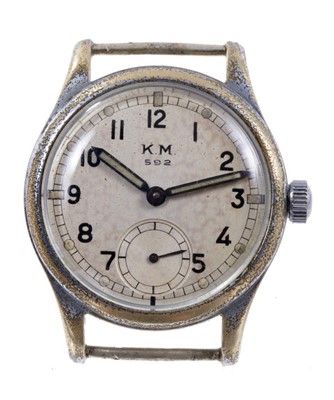 Lot 591 - German military issue KM592 Naval Issue wristwatch by Alpina, the circular white dial with black enamel Arabic numerals and luminous dot hour markers and luminous steel hands with outer minutes tra...