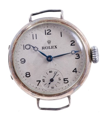 Lot 595 - WWI Rolex wristwatch in silver case, the circular dial with engine turned decoration, black Arabic numerals and subsidiary seconds dial at the six o'clock position, blued steel hands in circular si...