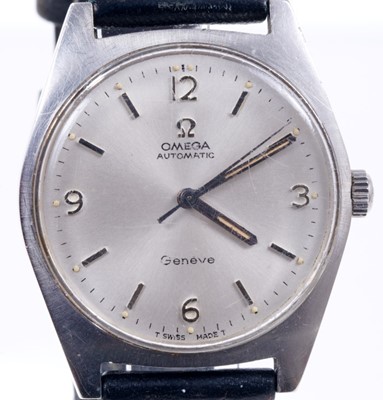 Lot 596 - Gentlemen's Omega Genève Automatic wristwatch, the circular satin dial with applied steel Arabic and baton hour markers, centre seconds in stainless steel tonneau shape case on black leather strap...