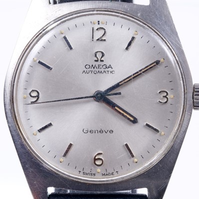Lot 596 - Gentlemen's Omega Genève Automatic wristwatch, the circular satin dial with applied steel Arabic and baton hour markers, centre seconds in stainless steel tonneau shape case on black leather strap...