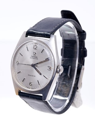 Lot 596 - Gentlemen's Omega Genève Automatic wristwatch, the circular satin dial with applied steel Arabic and baton hour markers, centre seconds in stainless steel tonneau shape case on black leather strap...