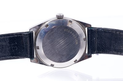 Lot 596 - Gentlemen's Omega Genève Automatic wristwatch, the circular satin dial with applied steel Arabic and baton hour markers, centre seconds in stainless steel tonneau shape case on black leather strap...