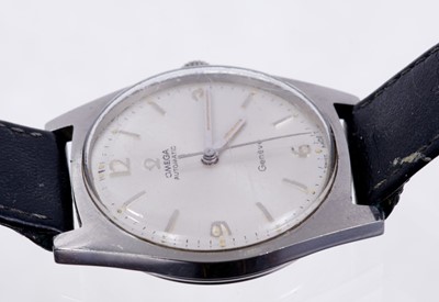 Lot 596 - Gentlemen's Omega Genève Automatic wristwatch, the circular satin dial with applied steel Arabic and baton hour markers, centre seconds in stainless steel tonneau shape case on black leather strap...