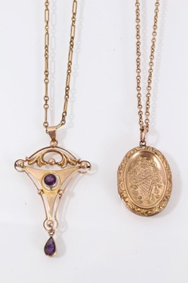 Lot 569 - Edwardian Art Nouveau 9ct gold and amethyst pendant on associated chain, and an Edwardian 9ct (back & front) locket on gold chain