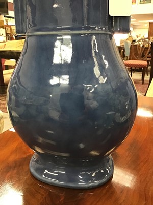 Lot 153 - Large Chinese monochrome blue glazed vase, 19th/20th century, of archaic Hu form, 36cm height