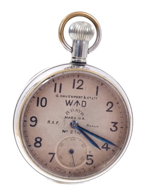 Lot 599 - Davenport 8 day cockpit pocket watch with military markings to the dial and reverse, possibly RFC reassigned to RAF when serviced, marked 'G. Davenport & Co. Ltd. WD and broad arrow, Mark IV A, R.A...