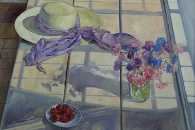 Lot 1115 - Timothy Easton (b.1943) oil on canvas - Carnations, Strawberries and Straw hat, signed and dated 1991, titled and inscribed verso, framed, 41cm x 51.5cm