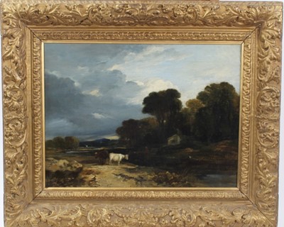 Lot 1116 - Manner of John Sell Cotman (1782-1842) oil on canvas - cattle beside a river with a cottage beyond, in gilt frame, 28.5cm x 38cm