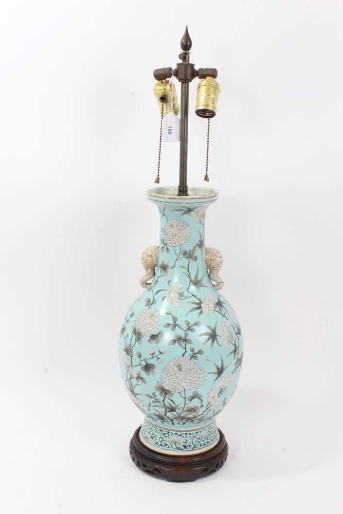 Lot 181 - Chinese porcelain baluster vase, late Qing period, decorated in the Dayazhai style with flowers painted en grisaille, on a turquoise ground, with elephant-head handles, converted to a lamp on a car...