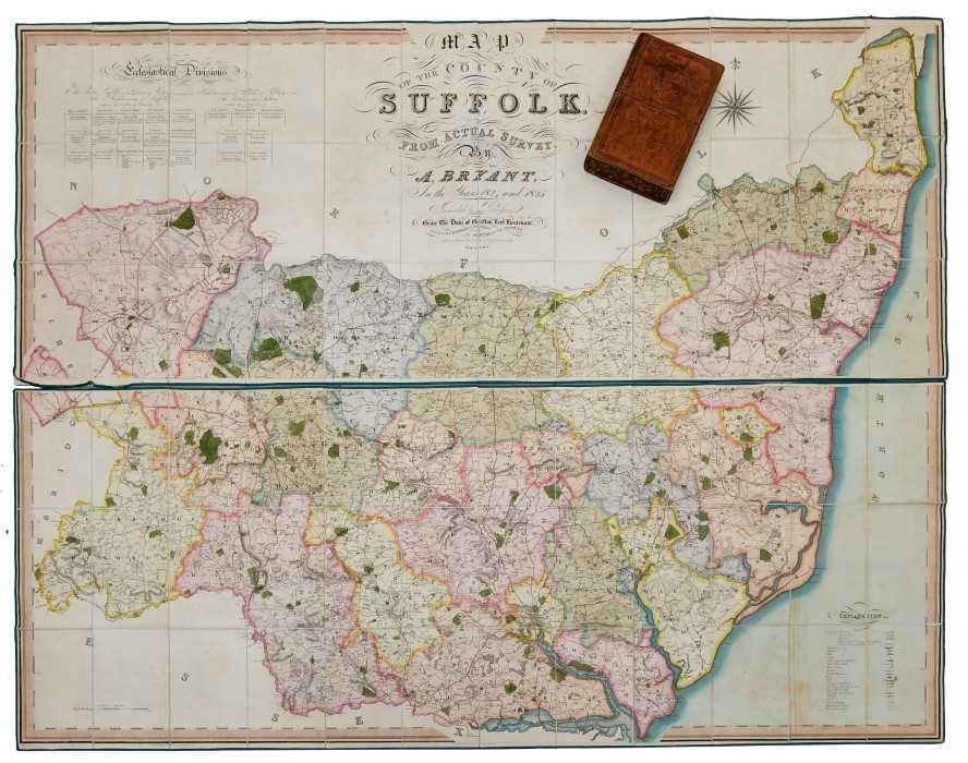 Lot 1121 - Bryant (A), large folding Map of the County of Suffolk from actual survey..., in the years 1824 and 1825, published London 1826, in two folding sections, linen backed, with hand colouring, approxim...