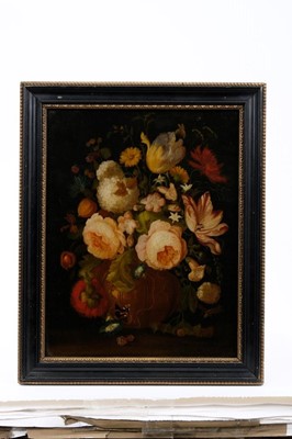 Lot 782 - 19th century reverse painting on glass, still life of summer flowers in a vase on a edge, in hogarth frame, 35cm x 29cm