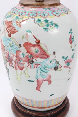 Lot 162 - 19th century Chinese famille rose porcelain jar, decorated with a processional scene, converted to a lamp, the jar measuring 28cm height, the whole measuring 45.5cm height