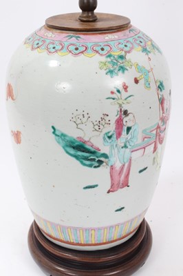 Lot 162 - 19th century Chinese famille rose porcelain jar, decorated with a processional scene, converted to a lamp, the jar measuring 28cm height, the whole measuring 45.5cm height