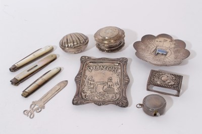 Lot 301 - Three silver and mother of pearl fruit knives (various dates and makers, together with a silver match box cover, silver book mark, two silver pin dishes and other silver and white metal items (vari...