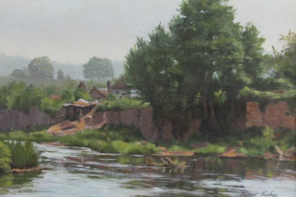 Lot 103 - Roger Fisher (1919-1993) oil on board - River Monnow at Monmouth, signed, also signed and dated verso 1980, framed, 24cm x 34cm