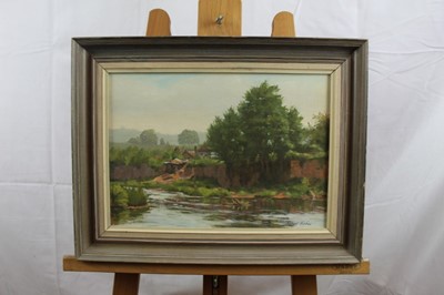 Lot 103 - Roger Fisher (1919-1993) oil on board - River Monnow at Monmouth, signed, also signed and dated verso 1980, framed, 24cm x 34cm