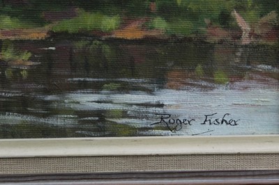 Lot 103 - Roger Fisher (1919-1993) oil on board - River Monnow at Monmouth, signed, also signed and dated verso 1980, framed, 24cm x 34cm