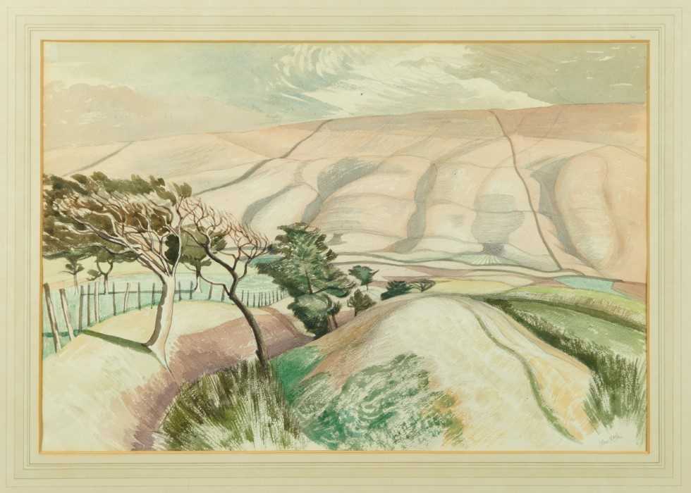 Lot 1050 - *John Northcote Nash (1893-1977) watercolour in glazed frame - 'Edale, Derbyshire', titled verso, Phoenix Gallery label, signed in pencil, 34cm x 50cm