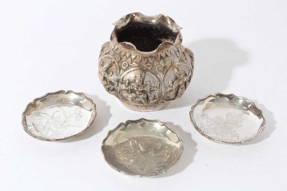 Lot 59 - Group of three early 20th century Chinese Export silver pin dishes of circular form, with engraved decoration, marked on bases for Sing Fat and with character marks.