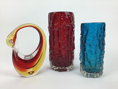 Lot 6 - Whitefriars ruby red bark vase designed by Geoffrey Baxter, 23cm high, another kingfisher blue bark vase (af) and a coloured glass swan