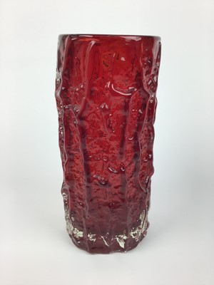 Lot 6 - Whitefriars ruby red bark vase designed by Geoffrey Baxter, 23cm high, another kingfisher blue bark vase (af) and a coloured glass swan