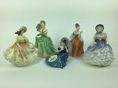Lot 573 - Five Royal Doulton figures - Elizabeth HN2946, Alice HN3368, Pensive Moments HN2704, Fleur HN2369 and Sunday Best HN2206