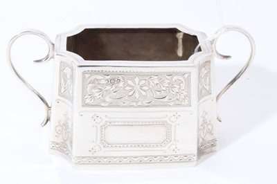 Lot 110 - Victorian silver bachelors tea set comprising teapot of tapered rectangular form with bright cut engraved decoration, hinged cover with silver finial and scroll handle with ivory insulators