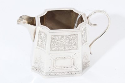 Lot 110 - Victorian silver bachelors tea set comprising teapot of tapered rectangular form with bright cut engraved decoration, hinged cover with silver finial and scroll handle with ivory insulators