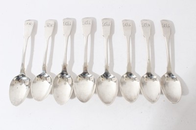 Lot 111 - Group of eight Georgian III silver fiddle pattern teaspoons with engraved initials (various dates and makers), all at approximately 4oz