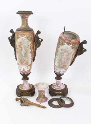 Lot 238 - Pair of Sèvres style gilt bronze mounted porcelain vases, painted reserves signed