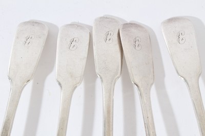 Lot 101 - Victorian silver fiddle pattern flatware comprising twelve dinner forks, ten dessert forks (one silver plated), ten dessert spoons (London 1844) maker probably William Eaton