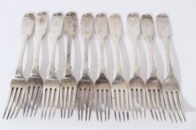 Lot 101 - Victorian silver fiddle pattern flatware comprising twelve dinner forks, ten dessert forks (one silver plated), ten dessert spoons (London 1844) maker probably William Eaton