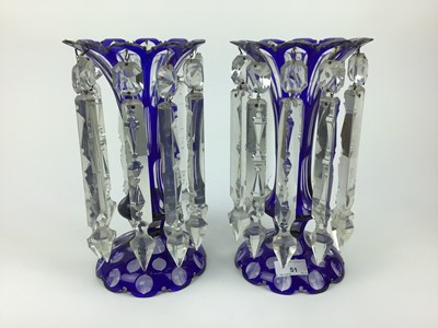 Lot 51 - Pair of late 19th Century Bohemian blue overlaid glass lustres with prismatic drops