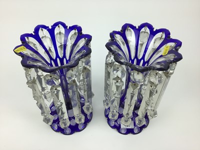 Lot 51 - Pair of late 19th Century Bohemian blue overlaid glass lustres with prismatic drops