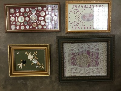 Lot 142 - Group of framed buttons, framed lace, other framed items