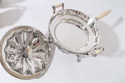 Lot 147 - Early 20th century American silver plated warming dish with ivory handle, push fit cover with ivory ball finial, two handled water container, on stand with integral burner