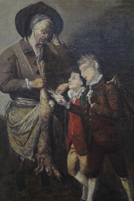 Lot 273 - Early 19th century Continental School, oil on canvas, a butcher holding a dead hare with two boys looking on