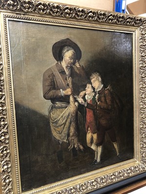 Lot 273 - Early 19th century Continental School, oil on canvas, a butcher holding a dead hare with two boys looking on
