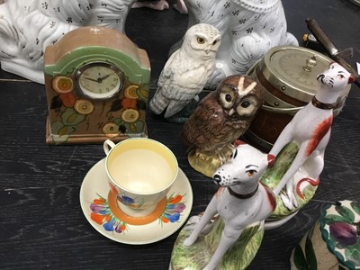 Lot 152 - Mounted biscuit barrel, two Doulton bird decanters, Wemyss style pot and cover, crocus cup and saucer, Staffordshire spaniels